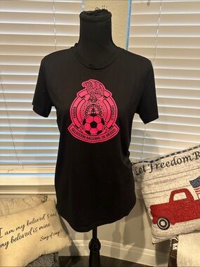 Black Mexico soccer Adidas Tee with Pink Graphic Accent